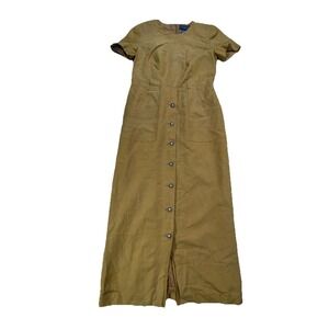 Vintage August Silk Maxi Dress Womens 8 Mustard Yellow Short Sleeve Button Front